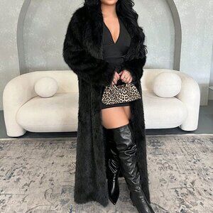 Black Casual Women's Thick & Long Fluffy Coat